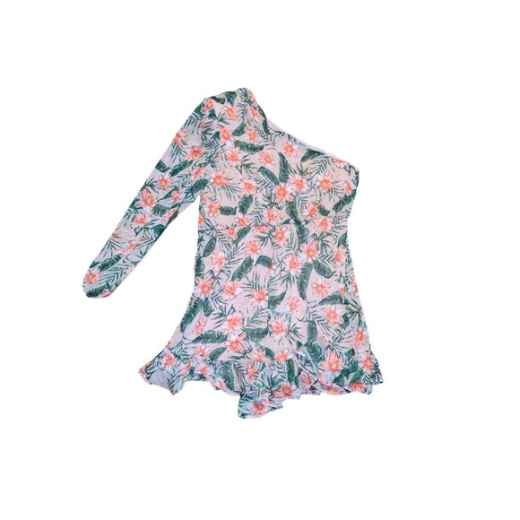 Express Romper M Women's Pink Tropical Print One Shoulder Chiffon Ruffle Shorts - Picture 2 of 6